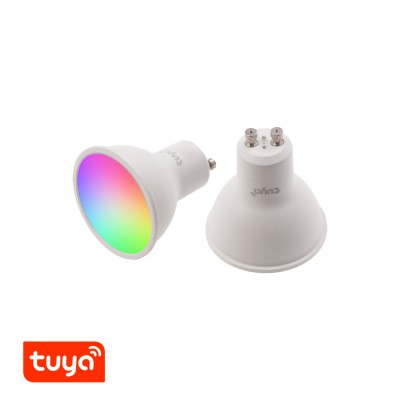 SMART LED Světelný zdroj, žárovka LED 5W, GU10, ES50, pomocí app v telefonu Tuya WiFi, BT, lze nastavit teplotu CCT teplá 2700K - denní 6500K, stmívat, RGB, vyp/zap vyzař úhel 120°, Ra80, 230V, d=50mm, l=55mm
