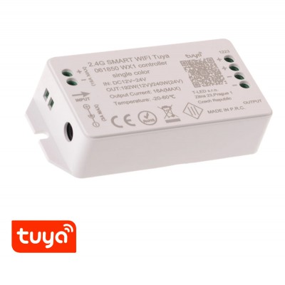 SMART ovladač TUYA SMART stmívač pro jednobarevné LED 192W, TUYA WiFi, dosah až 30m, vstup 12-24V, rozměry 100x47x23mm.