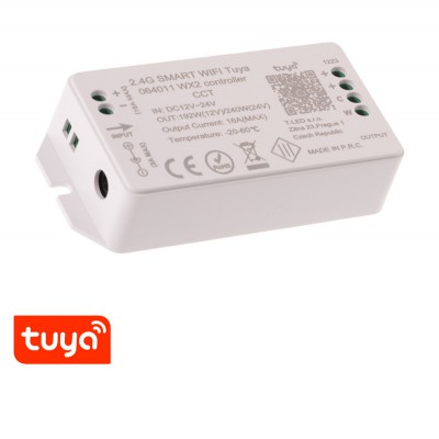 SMART ovladač TUYA SMART stmívač pro CCT LED pásky, 192W, TUYA WiFi, dosah až 30m, vstup 12-24V, rozměry 100x47x23mm.