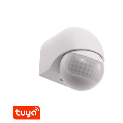 PIR senzor 180°, Tuya PIR - Nástěnný senzor pohybu pro osvětlení, bílý, záběr 180°, dosah až 12m, čas sepnutí 5s-60min, soumrak 10-2000lx, montážní výška 1,8-2,5m, smart Tuya WiFi, 230V, IP44, rozměry 65x91x84mm.