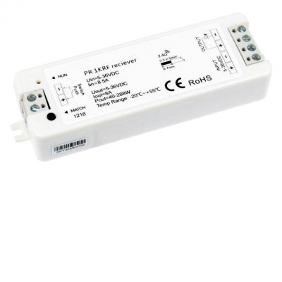 Přijímač dimLED PR 1KRF RF přijímač pro stmívání LED pásků zátěž max 1x8A, 12V/96W, 24V/192W, napájení 5-36V, dosah až 30m, rozměry 97x33x18mm, lze spárovat max 10 vysílačů na 1 přijímač