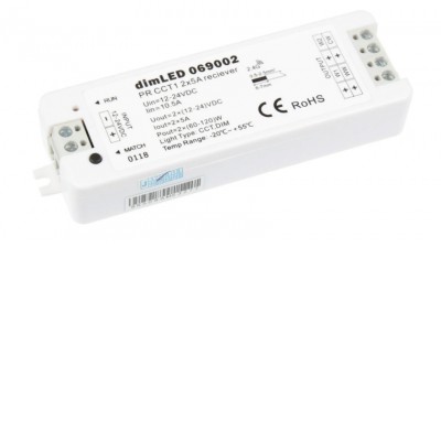 dimLED PR CCT1 RF přijímač pro stmívání CCT LED pásků zátěž max 2x5A, 12V/120W, 24V/240W, napájení 12-24V, dosah až 100m, rozměry 97x33x18mm, lze spárovat max 10 vysílačů na 1 přijímač