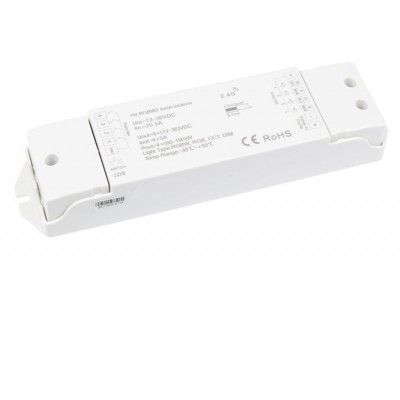 RGBW RF přijímač 4x5A, 12V-36V RF přijímač pro řízení RGBW LED pásků, napájení 12V-36V, 4x5A (12V - 60W/kanál, 240W celkem, 24V - 120W/kanál, 480W celkem), IP20, rozměry 175x45x27mm