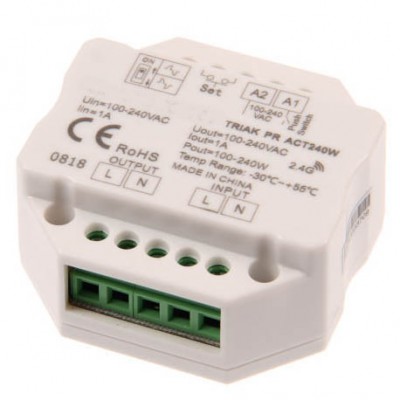 Přijímač stmívač dimLED TRIAK PR ACT240W RF přijímač pro příméTRIAC stmívání LED svítidel a LED žárovek zátěž max 240W, 1A, napájení 230V, dosah až 30m, rozměry 52x52x28mm do KU68, lze spárovat max 10 vysílačů na 1 přijímač