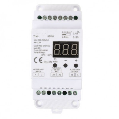 TRIAK PR DIN480W Stmívač TRIAC 0-100%, pro LED žárovky, LED svítidla a LED napájecí zdroje, zátěž 300W, 230V, IP20, montáž DIN 48x110x67mm, ovládání tlačítkem, nebo RF dálkovým ovladačem max 10 RF ovladačů