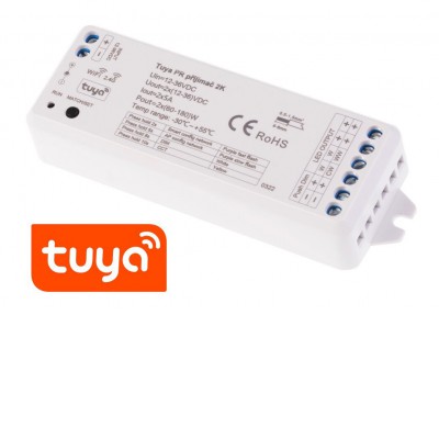 RF DIM RF přijímač pro stmívání CCT LED pásků zátěž max 2x5A, 12V/120W, 24V/240W, napájení 12V-36V, TUYA WiFi, dosah až 30m, rozměry 114x38x20mm, lze spárovat max 10 vysílačů na 1 přijímač