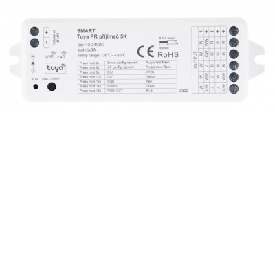 dimLED Tuya PR 5K LED ovladač přijímač pro LED pásky, ovl. telef smart systém Tuya, Wifi, RGBW-CCT 5CH, nastavení teploty světla, stmívání, zap/vyp, napájení 5x3A, 12V, 36W/ch,180W, 24V 72W/ch, 360W, rozm 114x38x20mm