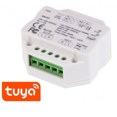 Dimmer TRIAC RF bezdrátový přijímač, stmívač TRIAC 230V, 1A, 200W, stmívání 0-100%, TUYA WiFi, dosah až 30m, rozměry 52x52x26mm do KU68, lze spárovat max 10 vysílačů na 1 přijímač