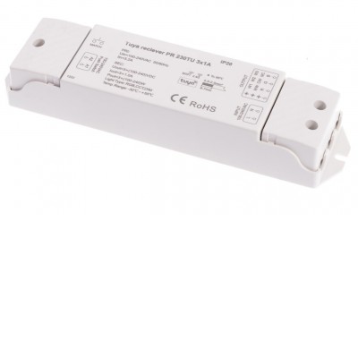 RF DIM RF přijímač stmívač TRIAC, 230V LED, zátěž max 3x1A, 3x240W, dosah až 30m, rozměry 175x45x27mm,  max 10 vysílačů na 1 přijímač.