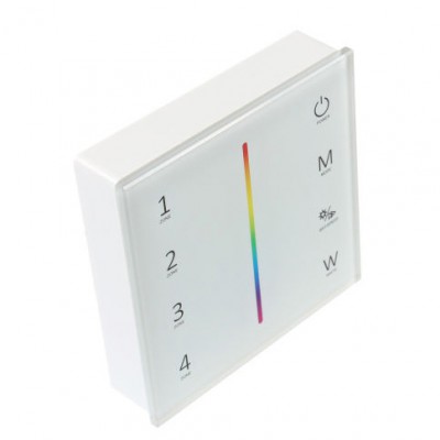 dimLED RF RGBW VÝPRODEJ RF bezdrátový nástěnný RF dálkový ovladač pro řízení RGBW LED pásků dosah až 30m, 4 nezávislé zóny, napájení baterie 2xAAA 1,5V, barva bílá rozměry 86x86x21mm