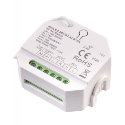 ACS15A Přijímač, RF bezdrátový spínací aktor, 1500W-3600W, 15A, 230V, IP20, 50x50x24mm, funkce on/off, rozměry 56x49,5x28mm.