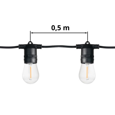 STL 10x1W, E27, 230V, IP65 Spojovatelný venkovní párty řetěz (max 30m v celku), plat černá, 10 ks LED žárovek 1W, E27, teplá 2200K, 230V, IP65, svítící část l=5m, rozteč LED žárovek 0,5m, napájecí kabel SAMOSTATNĚ
