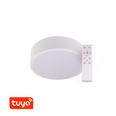 RENDO Stropní svítidlo, kruhové, těleso kov, povrch bílá, dif plast opál, LED 48W, dálk ovl, nebo smart telefon Tuya, WiFi, stmív, nast teplota CCT teplá 3000K - denní 6000K, Ra80, IP20, d=500mm, h=80mm.