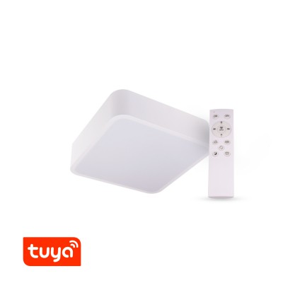 RENDO Stropní svítidlo, kruhové, těleso kov, povrch bílá, dif plast opál, LED 36W, dálk ovl, nebo smart telefon Tuya, WiFi, stmív, nast teplota CCT teplá 3000K - denní 6000K, Ra80, IP20, 500x500x80mm.