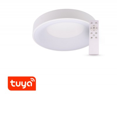 ZULU Stropní svítidlo, těleso kov, povrch bílá, dif plast opál, LED 60W,  smart TUYA WIFI, dálk ovladačem (součástí) CCT nast teplota teplá 3000K - denní 6000K, stmív.,230V, IP20, rozměry d=600mm, h=90mm.
