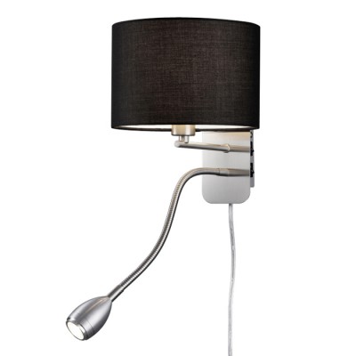 JOJO Nástěnné svítidlo, zákl kov, nikl mat, stínítko textil černá, pro žárovku 1x28W/E14 + LED 3W, 180lm, teplá 3000K, 230V, IP20, .tř.2, d=200mm, h=285mm, 2x vypínač, přív kabel s vidlicí