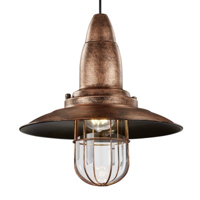 FISHERMAN VÝPRODEJ Závěsné svítidlo, materiál kov, povrch měděná zašlá, imitace opotřebení, sklo čirá, pro žárovku 1x40W, E27, 230V, IP20, tř.1, d=320mm, závěs l=1500mm, lze zkrátit.
