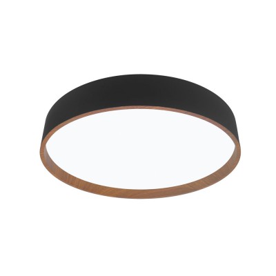 DEKOR Stropní svítidlo, těleso kov, detail dřevo, povrch černá, dif plast opál, LED 60W, CCT nastav teplota teplá 3000K, neutrální 4000K, denní 6500K, 6000lm, dálk ovl. stmív., 230V, IP20, d=500mm, h=80mm.