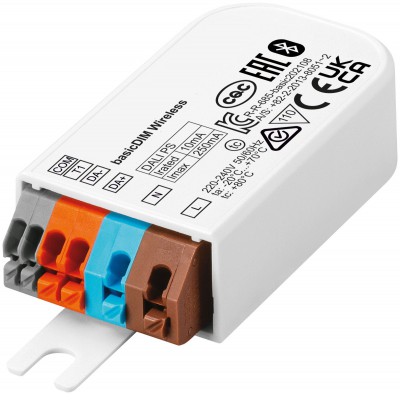 DIM T basicDIM RF přijímač DALI, fce zap/vyp, stmívání, nastavení CCT DT8, s napájecím zdrojem sběrnice 250mA, 1x vstup PUSH, 230V, IP20, 58x30x15mm, dosah cca 30m