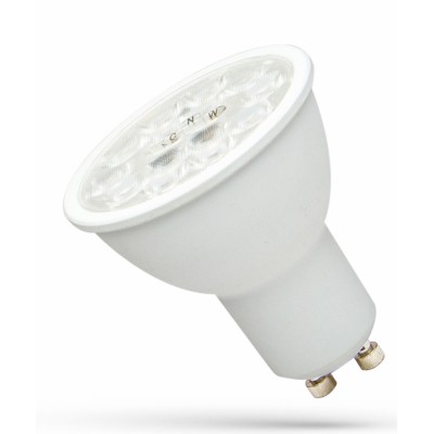 LED 6W, CCT, 38° Světelný zdroj LED žárovka bodová, plast bílá, LED 6W, 550lm, přepínatelná CCT teplá 3000K/ neutrální 4000K/denní 6000K,  GU10, vyzař. úhel 38°, Ra80, 230V, rozměry d=50mm, l=50mm