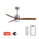ELEGANTE Stropní ventilátor s osvětlením, kov, povrch stříbrná, lopatky dřevo, dif plast opál, LED 18W, smart TUYA, WiFi, dálk ovl. nebo mob. tel. CCT nastav. teplá 3000K-denní 6000K, d=1320mm, h=520mm