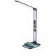 HERON Stolní lampa, těleso plast, šedá, LED 8,5W, 504lm, dotyk. CCT nastav teplota 2900K- denní 6000K, stmív., 12V, IP20, 183x140x430mm, bezdrátové nabíjení telefonu USB Qi 10W, USB port
