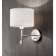 ROUND HOTEL Nástěnné svítidlo, základna kov, povrch chrom broušený, stínítko textil bílá, pro žárovku 1x40W, E27, bodovka nastavitelný směr svícení LED 1W, teplá 3000K, 90lm, IP20, rozměry d=220mm, h=310mm.